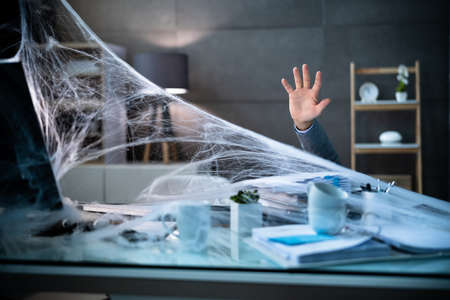 Paperwork Bureaucracy Stress At Work. Desperate Man Seeking Helpの写真素材