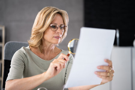 Investigate Fraud And Examine Document Using Magnifying Glassの写真素材