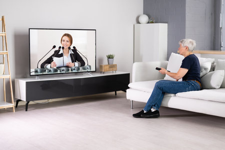 Watching TV Or Television In Living Room At Sofa