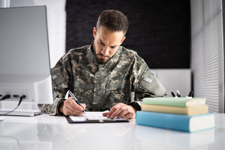 Military Student Education. Army Soldier Veteran In Collegeの写真素材