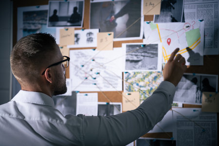 Policeman Or Private Detective Searching Crime Investigation Boardの写真素材