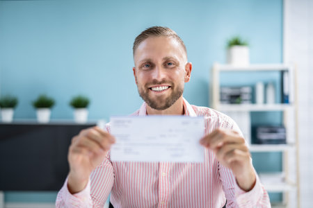 Holding Paycheck Or Payroll Check Or Insurance Cheque In Handの写真素材