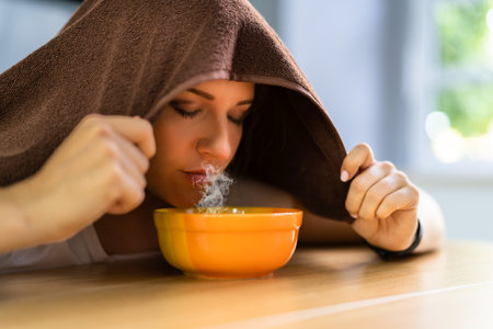 Woman Doing Inhalation Alternative Herbal Medicine Using Steam Bowlの写真素材