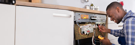 African Repairman Fixing Electric Appliance. Dishwasher Repair