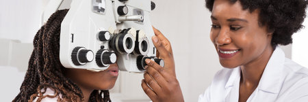 Optometry Eye Exam. African Optician And Patient