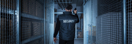 Security Guard With Flashlight At Night In Warehouseの写真素材