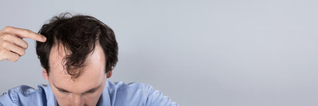 Balding Man Losing Hair. Head Scalp Dandruff Treatment