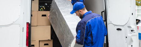 Furniture Mover Unloading Truck. Relocation Delivery Loadの写真素材