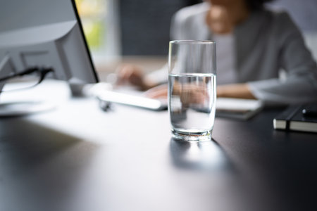 Glass Of Water Near African American Typing On Computerの写真素材