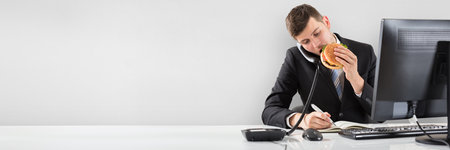 Eating Fat Burger Food In Office. Heavy Stressの写真素材