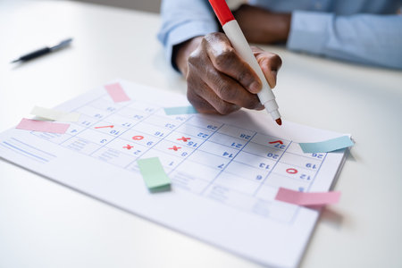Calendar Deadline. Young Man Holding Pen Marking Dateの写真素材