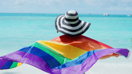 LGBT Pride Colors On Ocean Beach. Lesbian Community Celebrationの写真素材