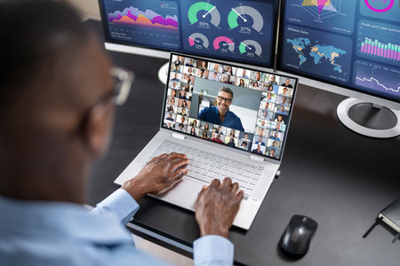 Video Conference Business Call. African Conferencing On Computer