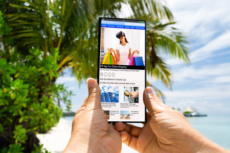 Woman Reading News On Digital Phone At Beach
