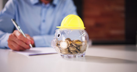Yellow Hard Hat Over Transparent Piggy Bank On White Deskの写真素材