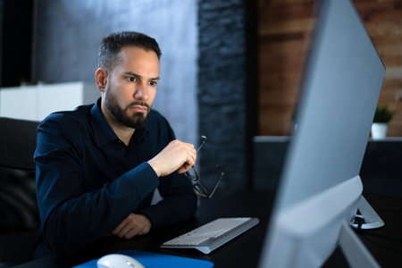 Late Night Workaholic Busy Business Man At Computer