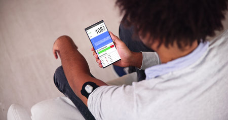 Patient Using Remote Continuous Glucose Blood Sugar Testingの写真素材