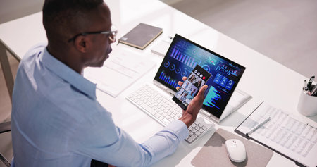 Remote Conference Webinar And KPI Dashboard Chart On Computer