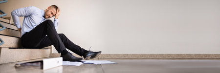 Fall And Fall Injury Accident At Workplace. Man Fell Down Stairsの写真素材