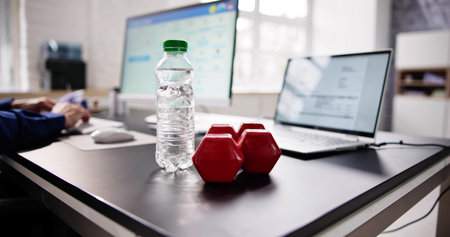 Close-up Of Water Bottle And Dumbbell In Front Of Businessperson Working In Officeの写真素材
