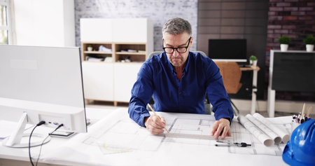Architect Engineer Drawing Architectural Construction Plan In Officeの写真素材