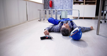 Unconscious Handyman Fallen From Ladder With Equipments Lying On Floorの写真素材