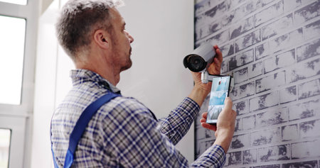 Technician Adjusting CCTV Camera For Video Surveillanceの写真素材