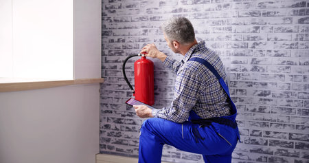 Worker Installing Fire Extinguisher. Inspection Service. Checking Security Labelの写真素材