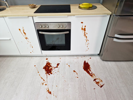 Dirty Floor With Spilled Food In Kitchenの写真素材