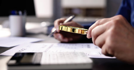 Lawyer Examining Paper Using Magnifier Glass. Tax Fraud Investigationの写真素材