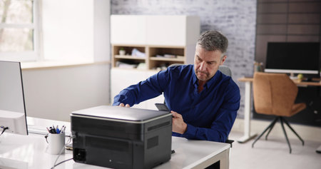 Businessman Giving Print Command On Smart Phone In Officeの写真素材