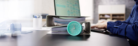 Accountant Calculating Bill With Time Clock. Money Alarmの写真素材