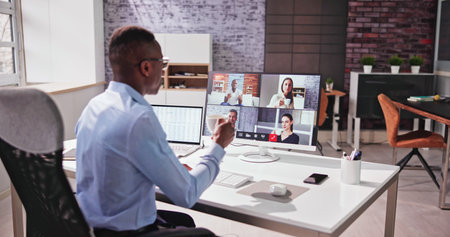 Virtual Video Conference Call Coffee Drinking Breakの写真素材