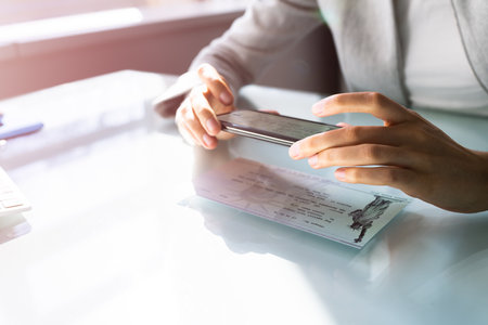 Remote Check Deposit Taking Photo With Mobile Phoneの写真素材