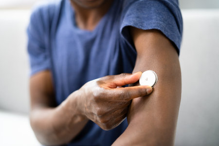 Close-up Of A Man Testing Glucose Level With A Continuous Glucose Monitor On His Arm