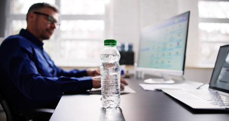 Water Bottle On Desk And Man In Background Using Computerの写真素材