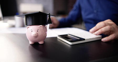 Student Loan Budget Calculator And Piggybank. Save Moneyの写真素材