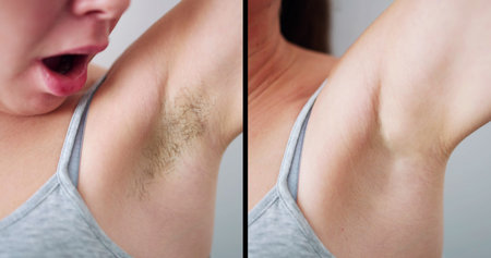 Before And After Concept Of Woman's Underarm Hair Removal On Grey Backgroundの写真素材