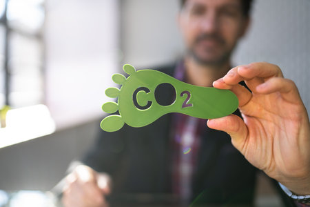 Carbon Dioxide Footprint Sign. Co2 Reduction. Green Environmentの写真素材