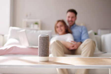 Couple Sitting On Sofa Listening To Music On Wireless Speakerの写真素材