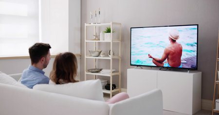 Young Couple Sitting On Couch Watching Television Show
