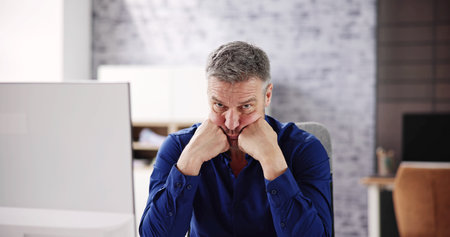 Bored Tired Employee Using Computer. Business Bankruptcy Accountant