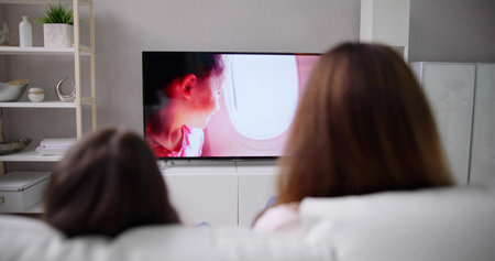 Smiling Mother And Daughter Watching Television At Homeの写真素材