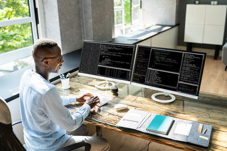 African American Coder Using Computer At Desk. Web Developer
