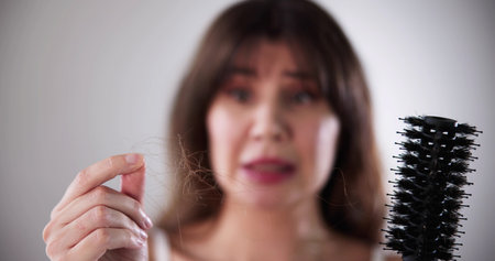 Young Woman In Bathrobe Holding Comb Looking At Hair Loss At Homeの写真素材