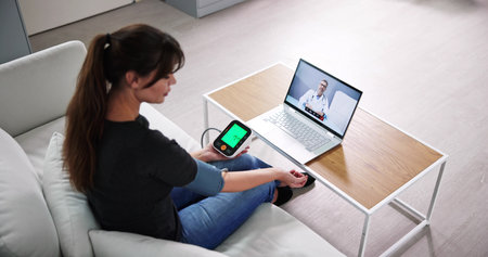 Patient Testing Blood Pressure In Telehealth Telemedicine Callの写真素材