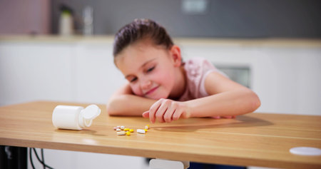 Child Reaching Medicine. Domestic Kid Accident And Safetyの写真素材