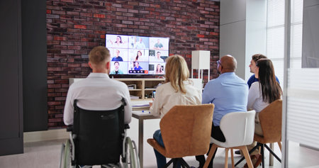 Diverse Video Conference Virtual Team Meeting In Officeの写真素材