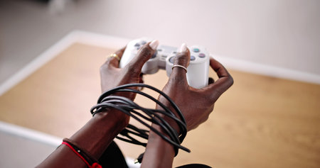 Video Game Addiction. Wire And Gamepad Or Joystickの写真素材