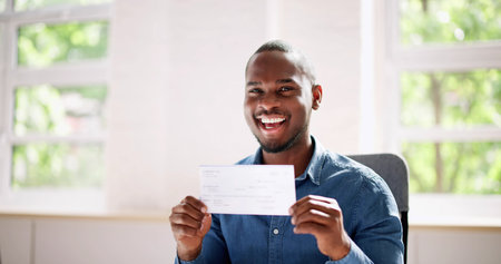 Holding Paycheck Or Payroll Check Or Insurance Cheque In Handの写真素材